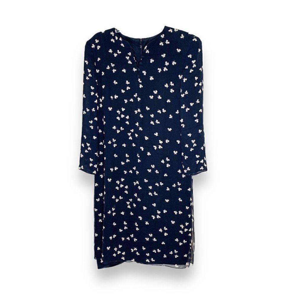 Akris Navy White Butterfly Sheer Overlay Silk Shift Button Dress Women’s Size 8